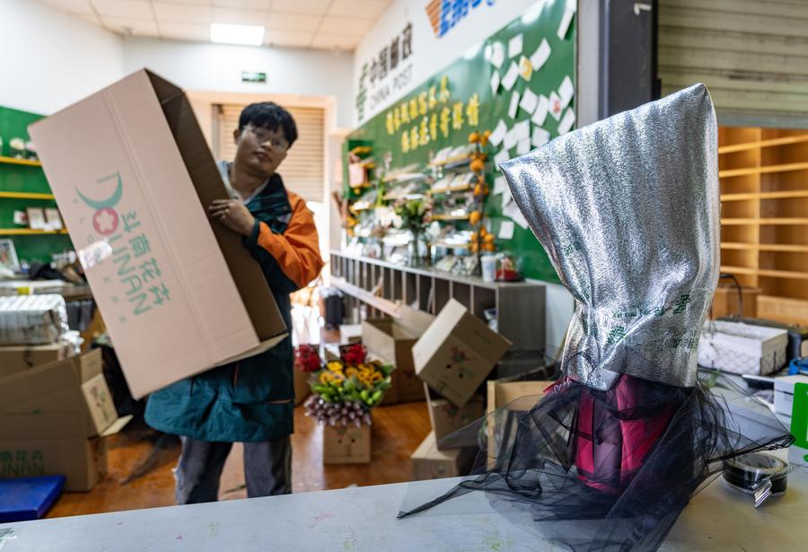 Un mensajero empaca un ramo de flores en el Mercado de Flores de Dounan, en Kunming, capital de la provincia meridional china de Yunnan, el 22 de enero de 2025.(Xinhua/Chen Xinbo)