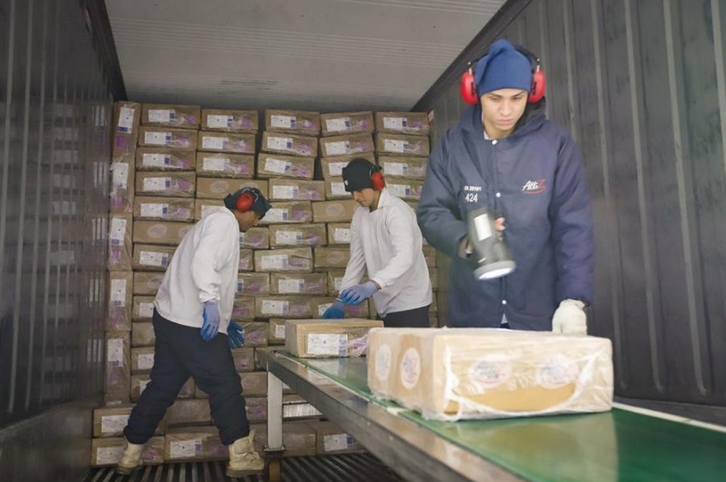 Empleados de una compa?ía de alimentos de Brasil empacan carne de pollo enviada a China en el Puerto de Santos, Brasil, el 14 de enero de 2020. (Xinhua/Secretaría de Agricultura y Abastecimiento del Estado de Sao Paulo) 
